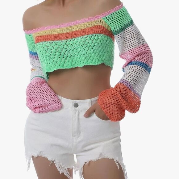 Colorful Crochet Crop Top - Long Sleeve Bell Sleeved Top - BRAND NEW Size Small - Picture 4 of 4